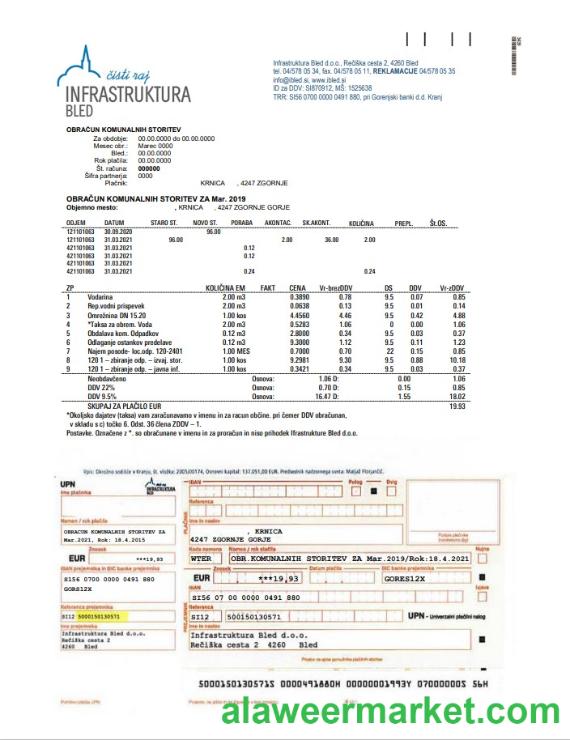 Slovenia Infrastruktura Bled utility bill template in Word and PDF format (.doc and .pdf)